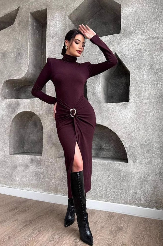 Mock Neck Long Sleeve Ring Hardware Ruched Wrap High Slit Maxi Dress