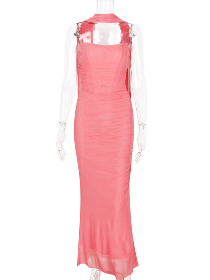 Strapless Corset And Mesh Maxi Skirt And Neck Scarf Party 3 Piece Co-ord Set For Women 2026
