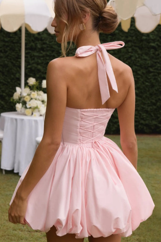 Halter Bow Back Corset Basque Waist Bubble Hem Mini Dress