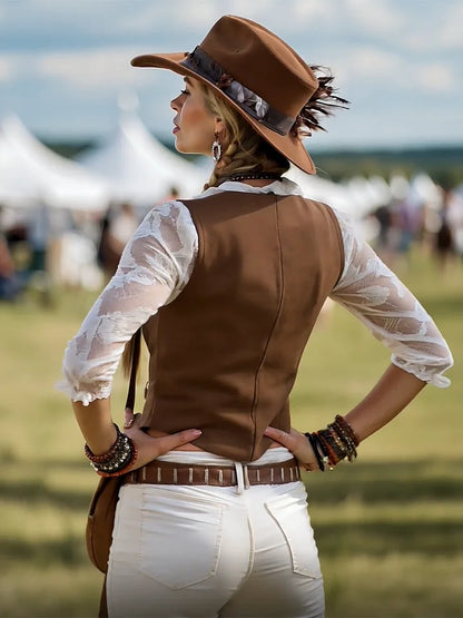 Women's Western Suede Shirt With Lace Sleeves – Brown Cowgirl Blouse