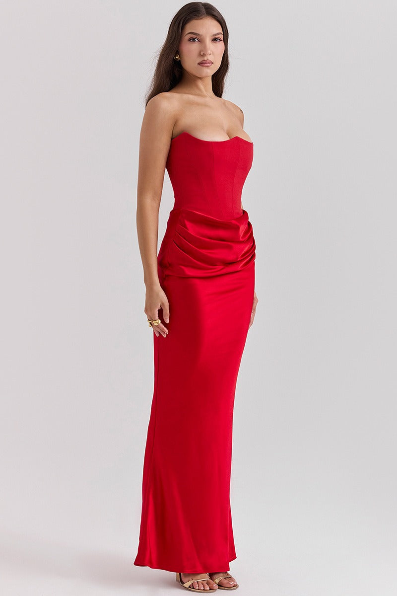 Strapless Corset Bodice Draped Hip Ruched Column Maxi Dress