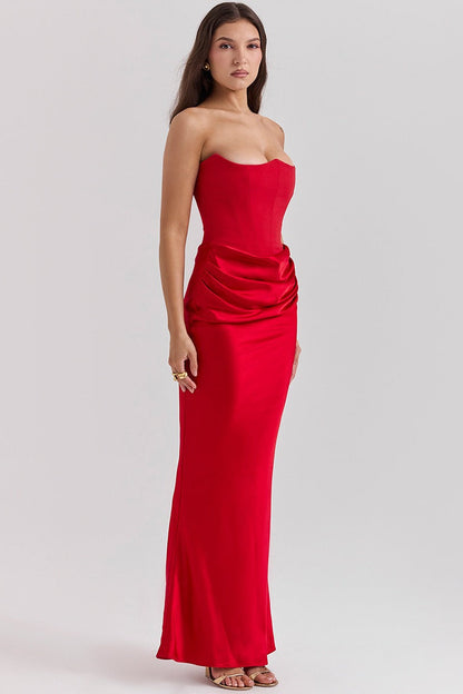 Strapless Corset Bodice Draped Hip Ruched Column Maxi Dress