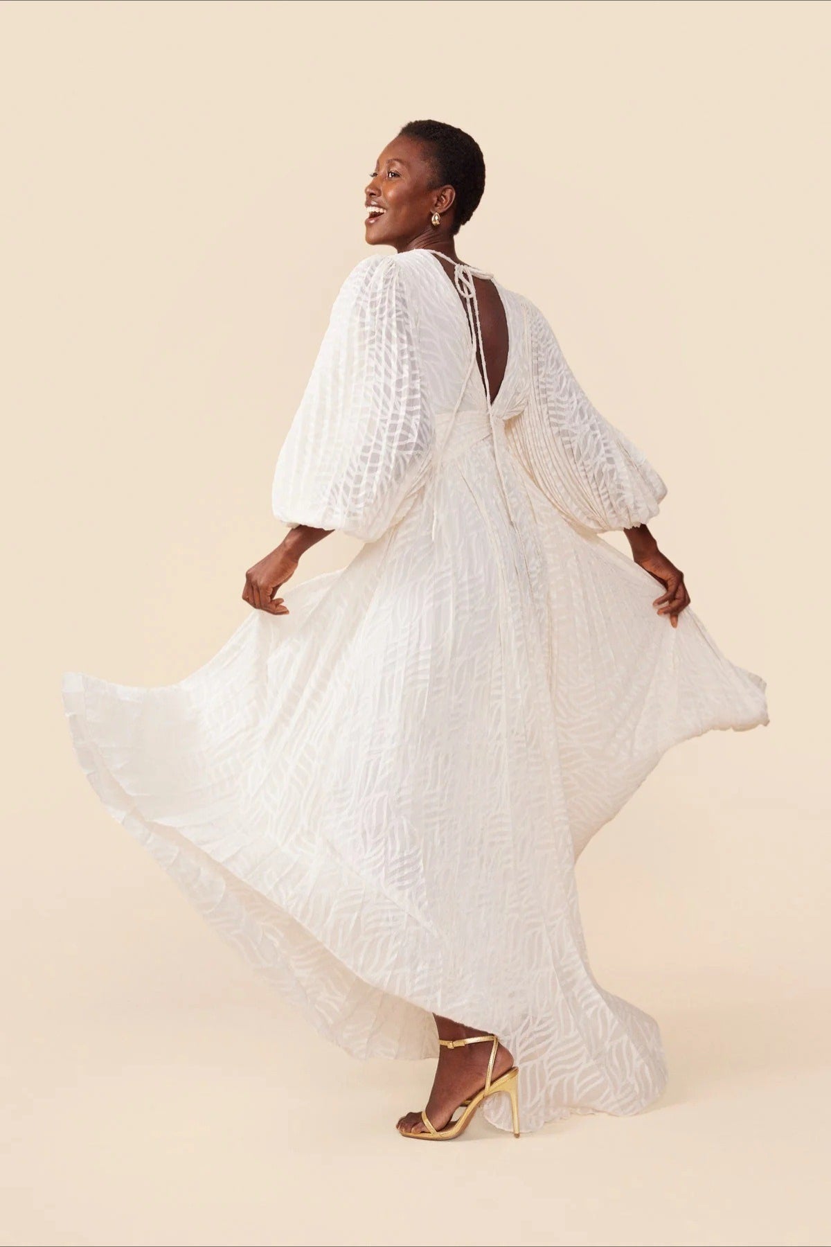 | Jacquard Ruched Puff Sleeve Backless Maxi Dress