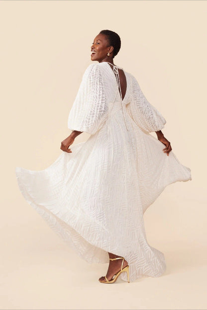 | Jacquard Ruched Puff Sleeve Backless Maxi Dress