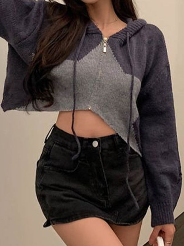 Contrast Color Star Hooded Crop Cardigan