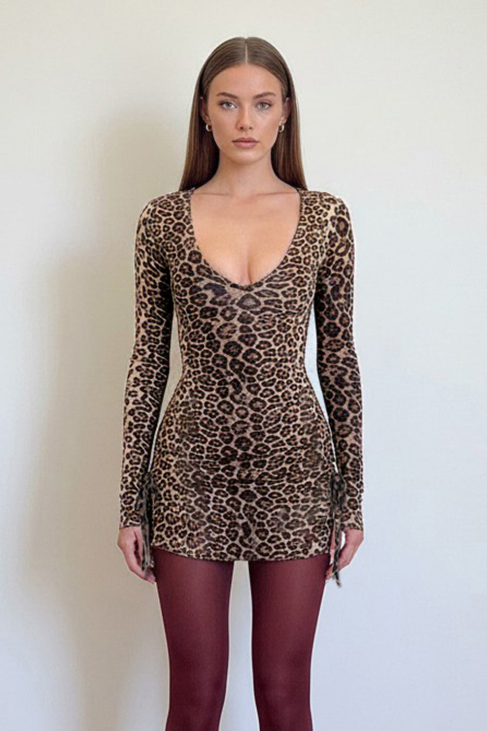 Print Scoop Neck Long Sleeve Bodycon Mini Dress