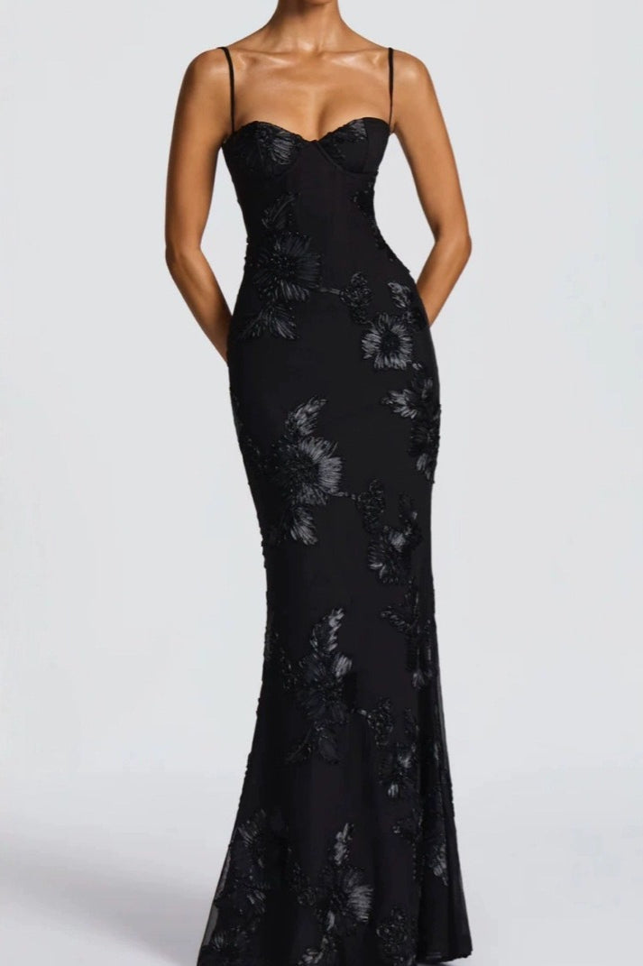 | Strapless Floral Embroidered Maxi Dress