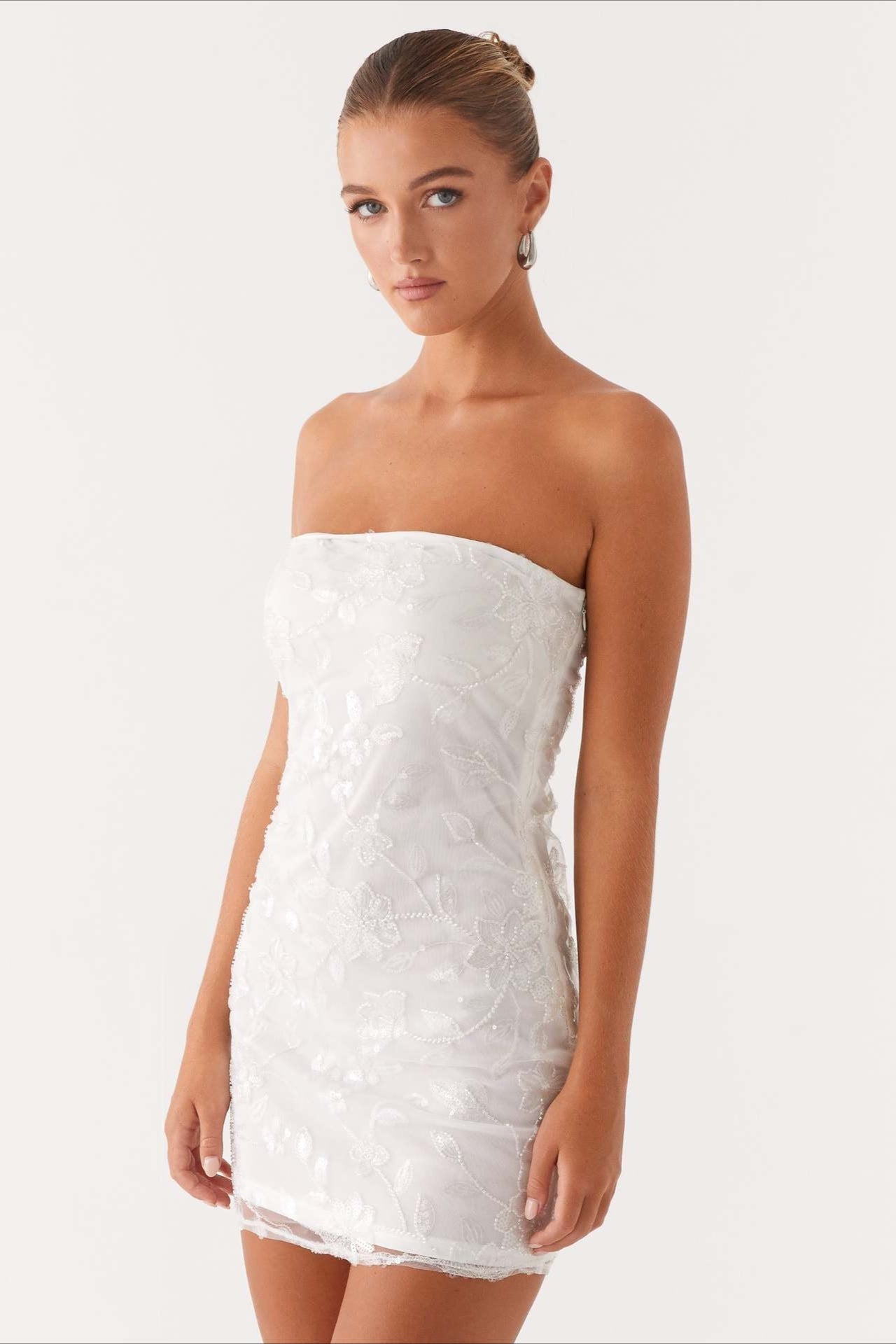 Strapless Floral Embroidered Sequin Mesh Ruched Bodycon Mini Dress