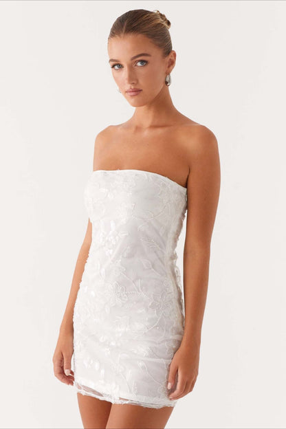 Strapless Floral Embroidered Sequin Mesh Ruched Bodycon Mini Dress