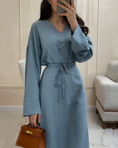 Linen-Look V-Neck Tie Waist Long Sleeve Relaxed Maxi Dress