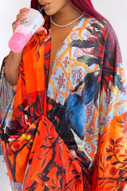 Sexy Plus Size Satin Print V-neck Batwing Sleeve Slit Loose Maxi Dress