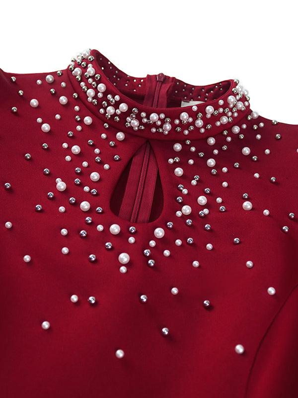 Solid Color Tied Waist Beaded High-Waisted  Bodycon Midi Dresses