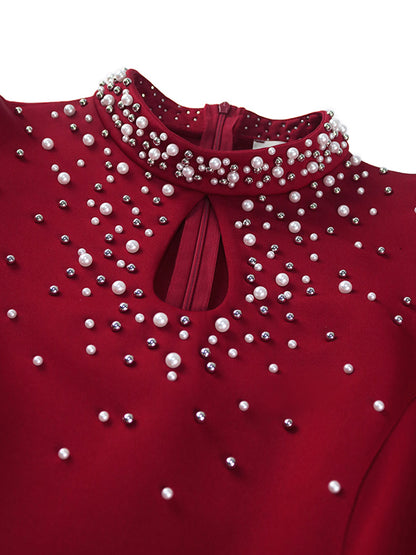 Solid Color Tied Waist Beaded High-Waisted  Bodycon Midi Dresses