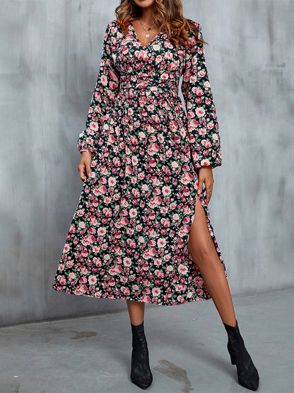 Floral Midi Dress V-Neck Balloon Sleeves High Slit Refined Dresses