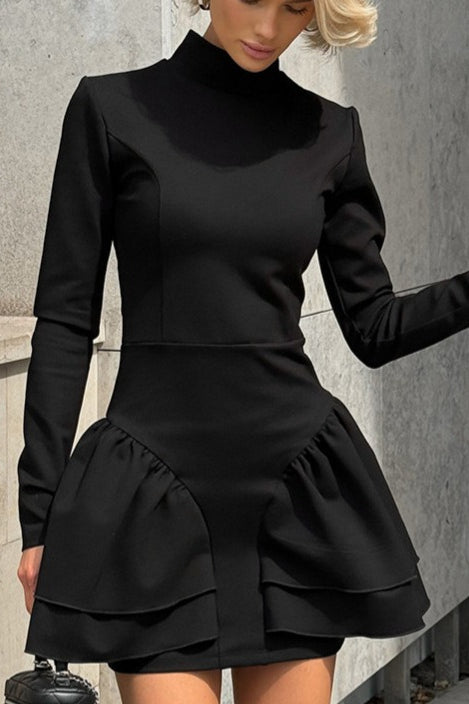 Mock Neck Long Sleeve Tiered Ruffle Hem Mini Dress