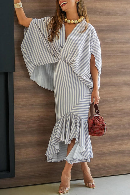 Tierra Striped V-neck Batwing Sleeve Loose Shirt and High Waist Irregular Fishtail Hem Midi Skirt Set
