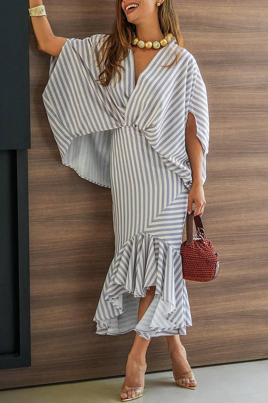 Tierra Striped V-neck Batwing Sleeve Loose Shirt and High Waist Irregular Fishtail Hem Midi Skirt Set