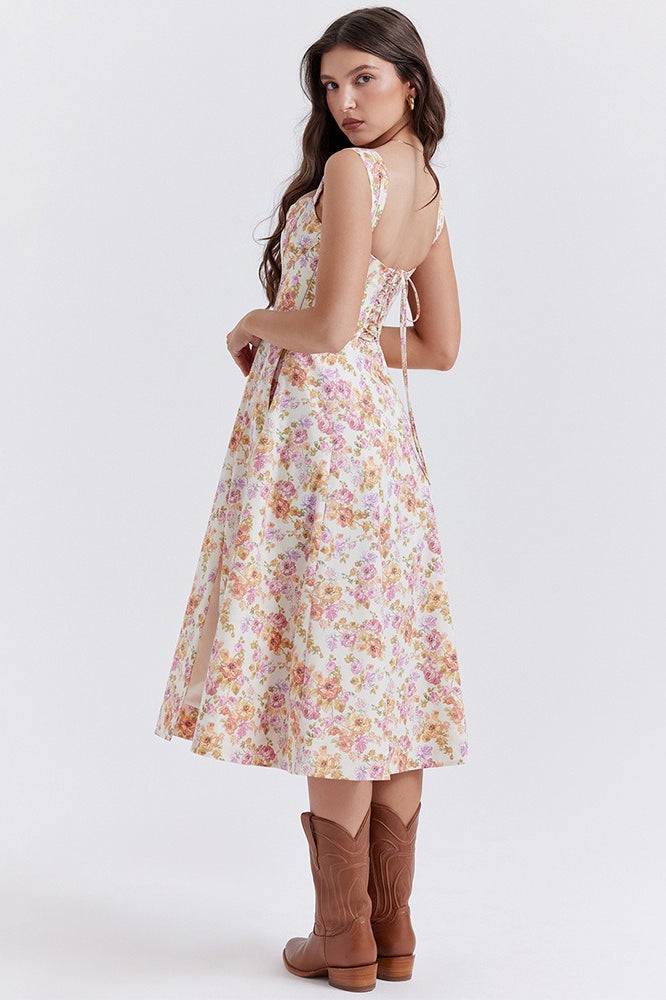 Thick Strap Sweetheart Corset Bodice Ditsy Floral Print A-Line Midi Dress