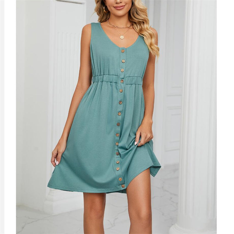 Solid Color Sleeveless Mini Dress with Button Details