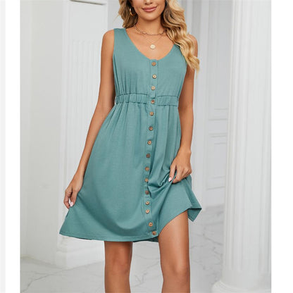 Solid Color Sleeveless Mini Dress with Button Details