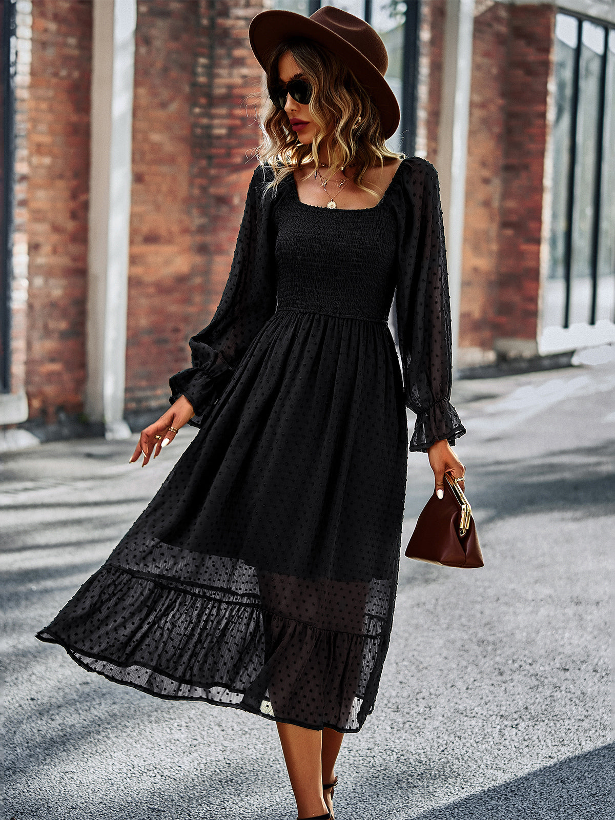 Pleated Long Sleeves Midi Dress