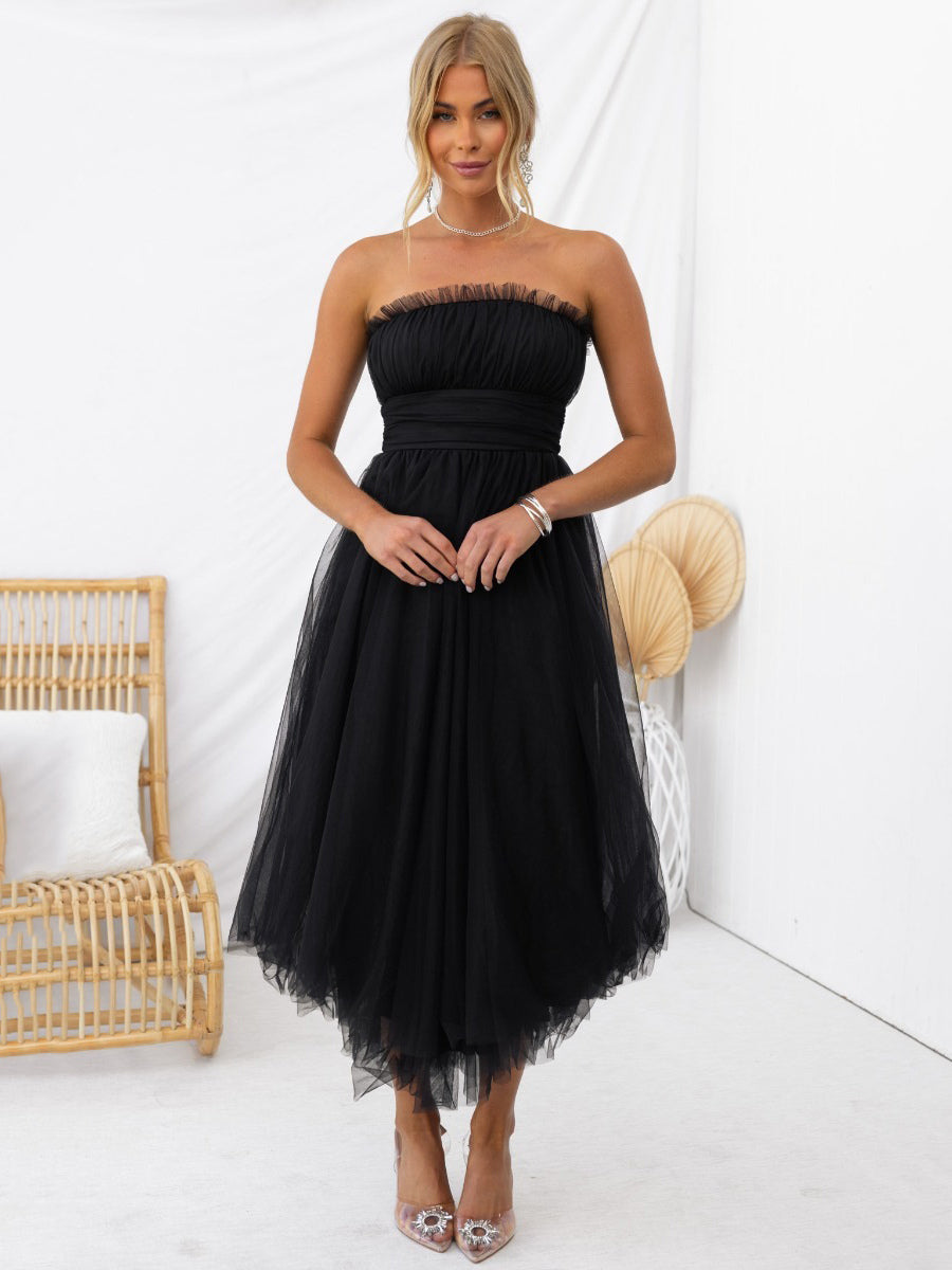 Tulle Dresses Strapless Pleated Off The Shoulder Layered Prom Midi Dress