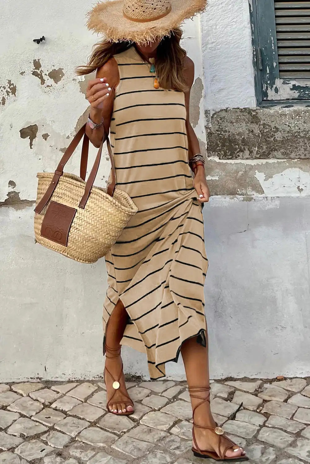 striped khaki maxi dress with open back