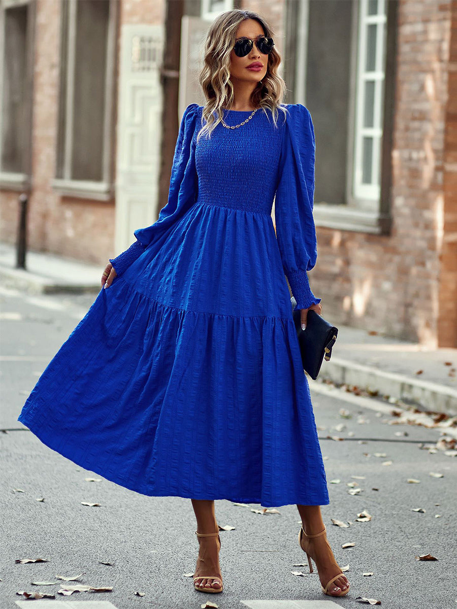 Pleated Midi Dress Lantern Sleeves Cuffs Layering Day Dresses