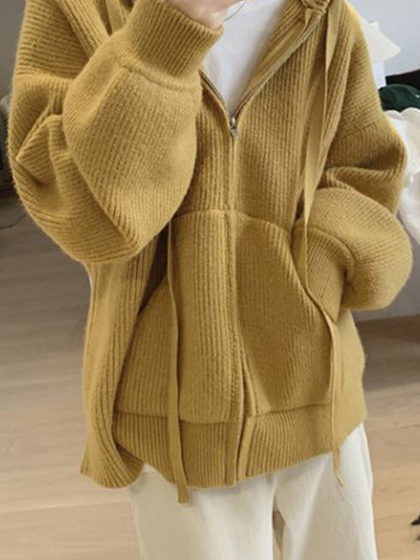 Solid Hooded Zip Up Knit Cardigan