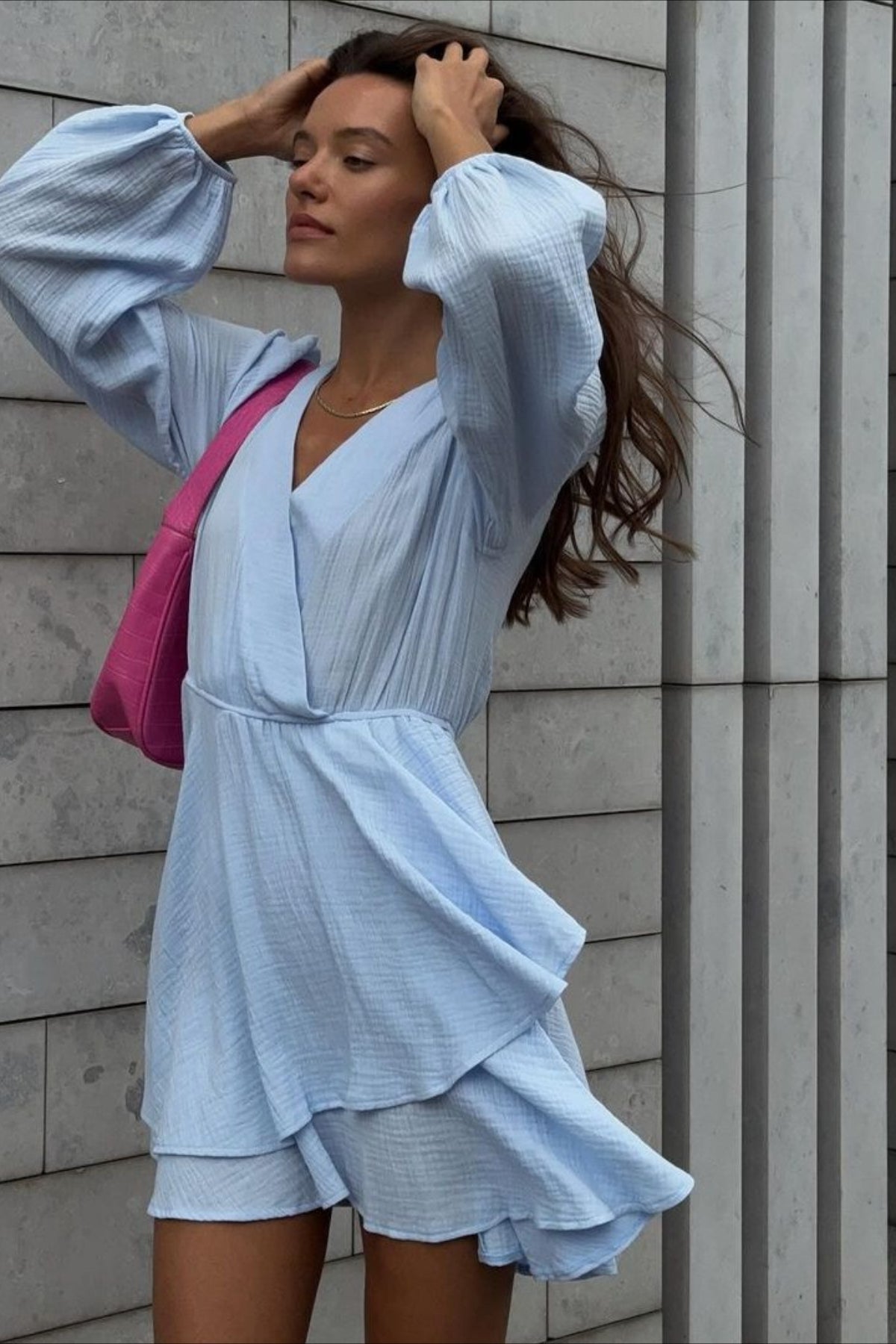Long Sleeve Blouson Cuff Tiered Ruffle V-Neck Mini Dress