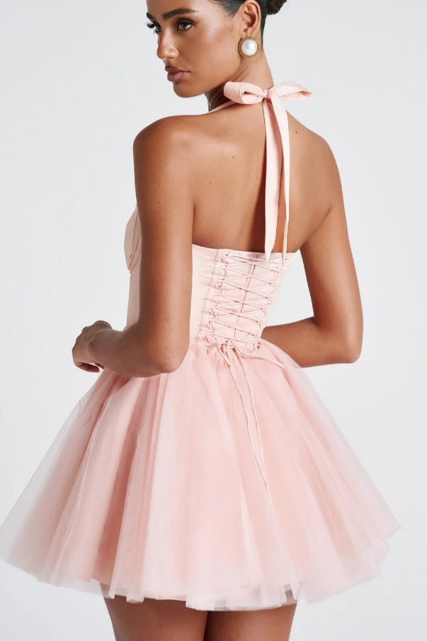 Halter Tie Neck Sweetheart Boned Corset Tulle Tutu Mini Dress