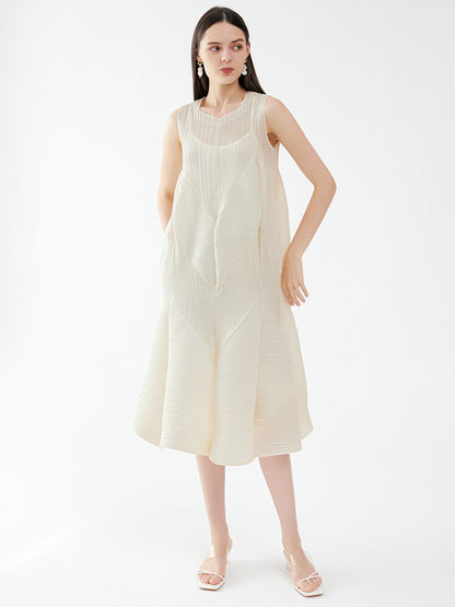 Summer Dress Sleeveless Patchwork Designed Neckline Midi Dress