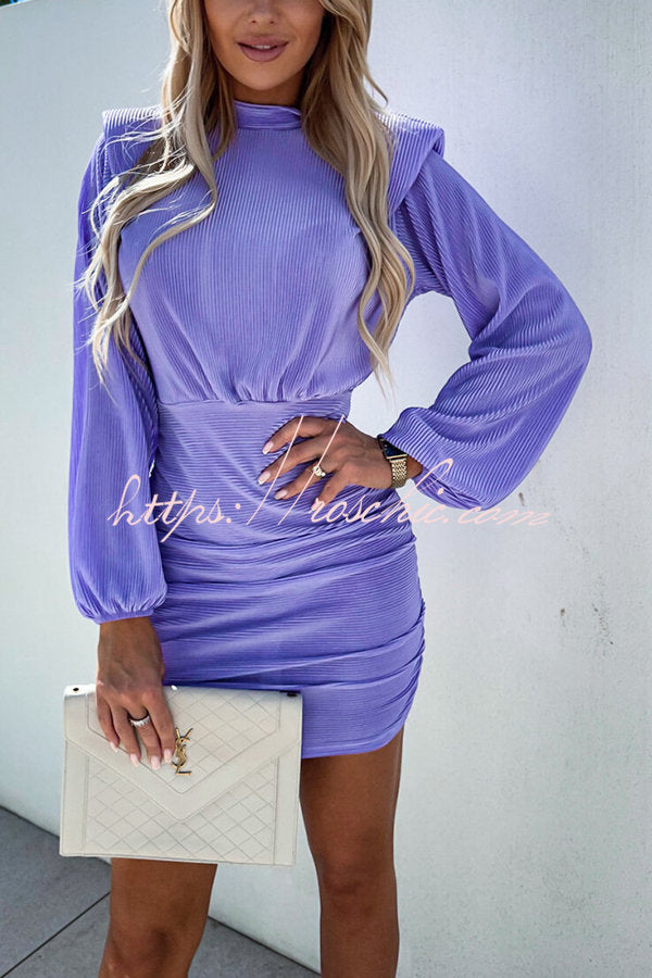Tolly Padded Shoulder Balloon Sleeve Ruched Ribbed Mini Dress