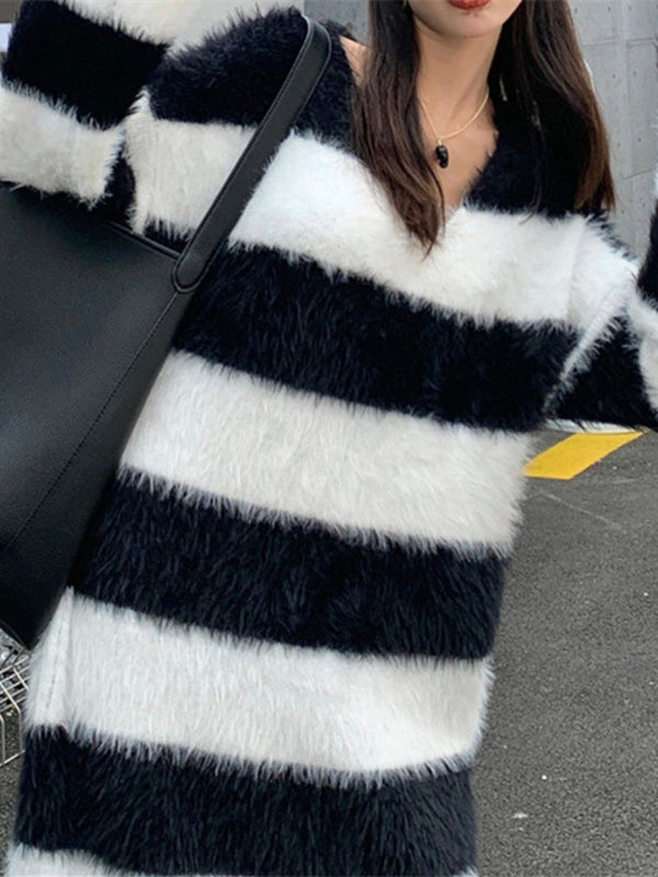 Long Sleeves Loose Striped V-Neck Knit Dresses Midi Dresses
