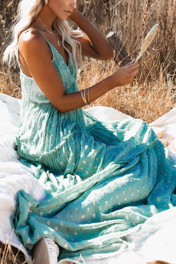 Polka Dot Print V-Neck Spaghetti Strap Tiered Ruffle Trim Maxi Dress