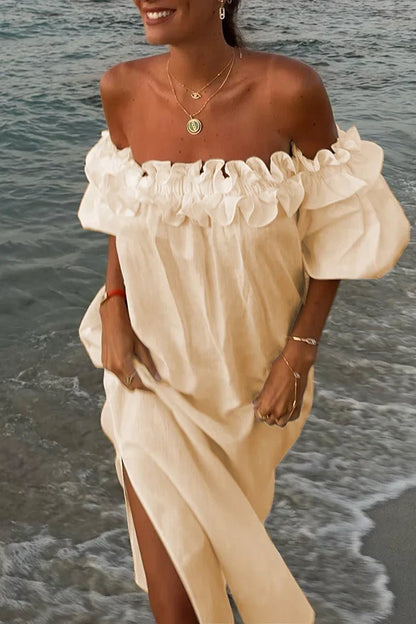 Off Shoulder Ruffle Trim Puff Sleeve Side Slit Linen Look Maxi Dress