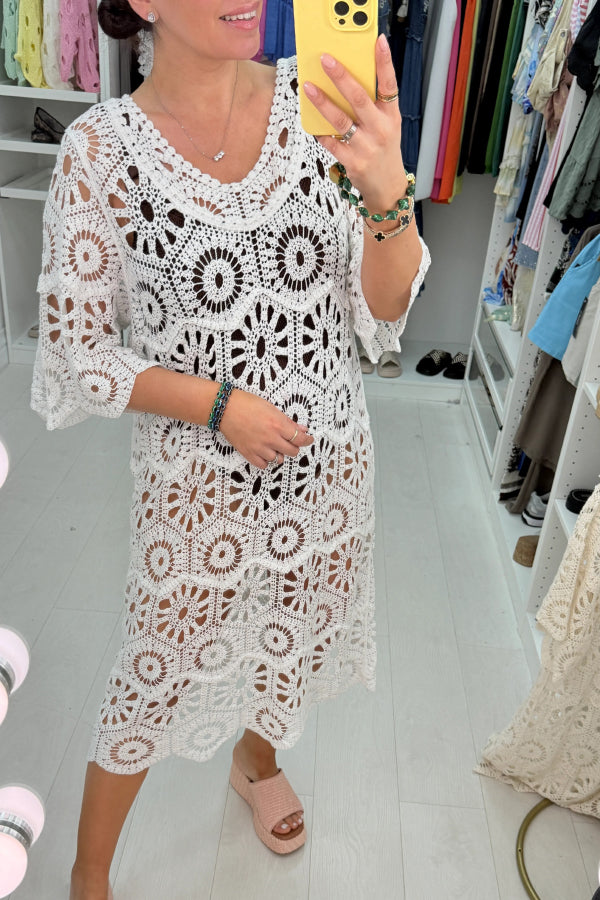 Fashionable Openwork Crochet Loose Round Neck Casual Midi Dress