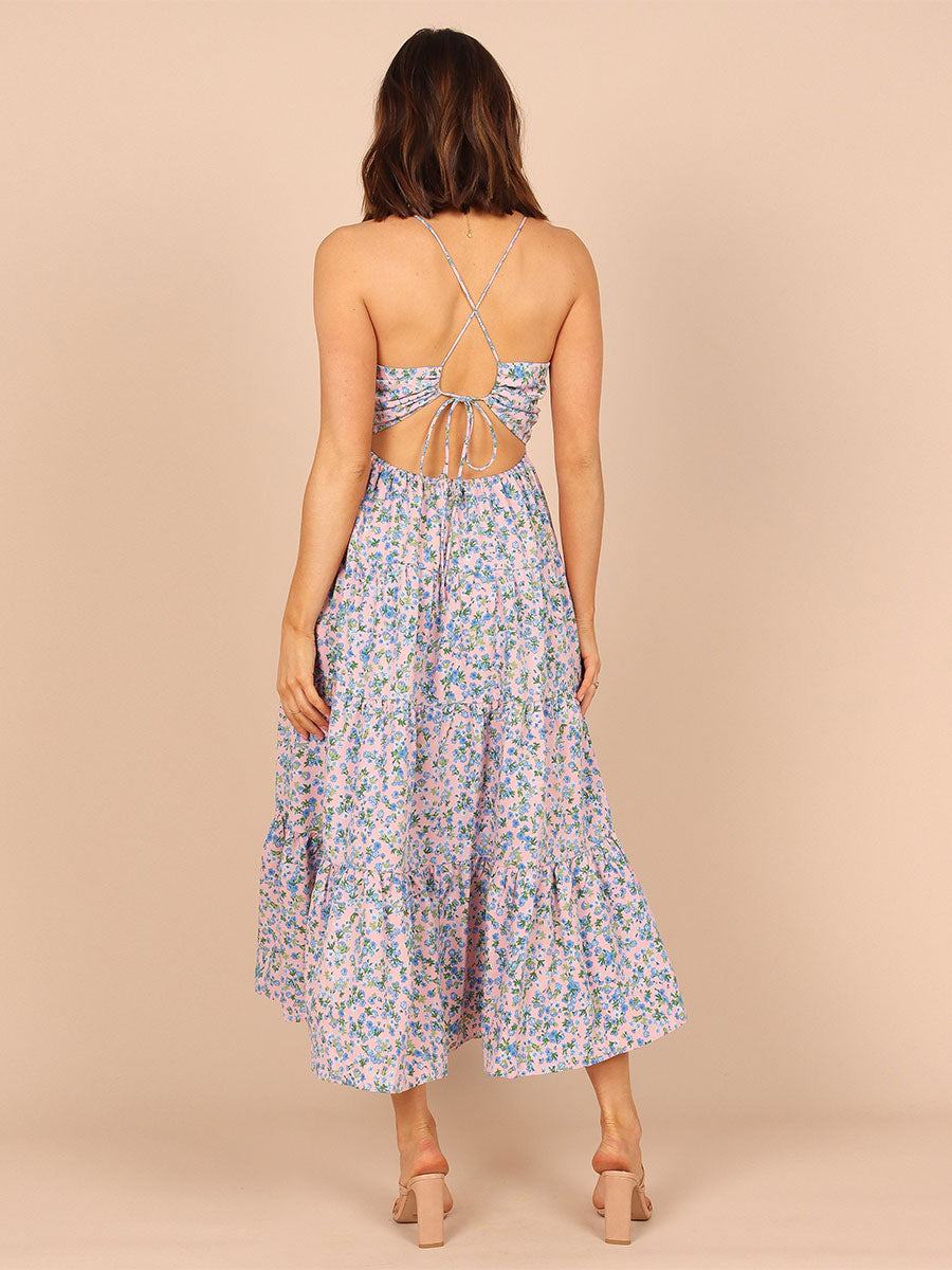 Floral Print Lace Up Backless Bohemian Straps Neck Midi Dress