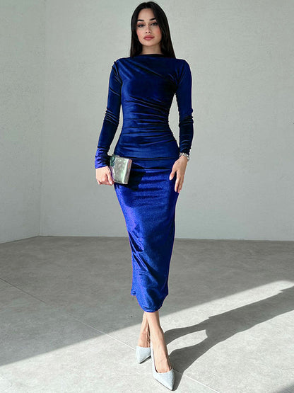 Velvet Dress Black Pleated Dating Long Sleeves Jewel Neck Summer Maxi Dresses