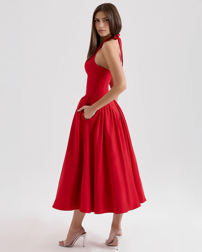 Halter Deep V Drop Waist Gathered Pleated Midi Dress