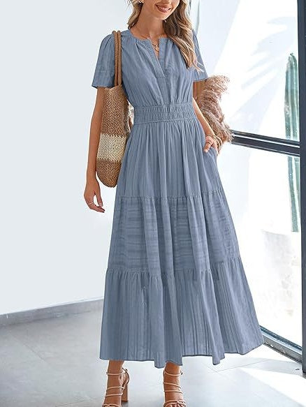 V-neck, Gathered, Puff Sleeve, Full Skirt, Short-sleeved Long Dress
