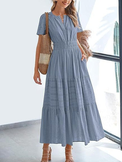 V-neck, Gathered, Puff Sleeve, Full Skirt, Short-sleeved Long Dress