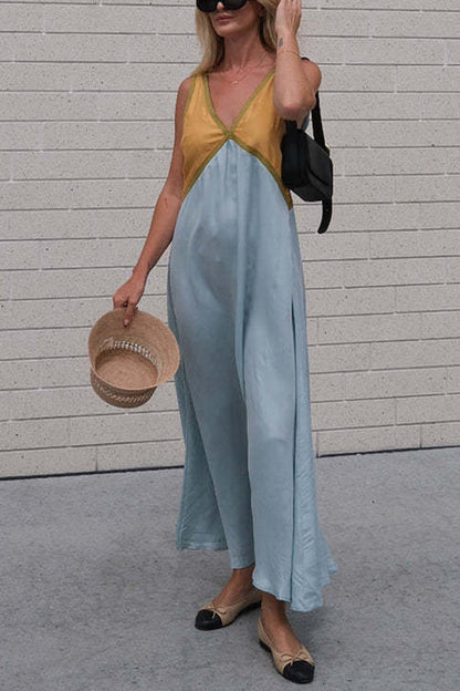 Margovil V Neck Color Block Sleeveless Maxi Swing Dress