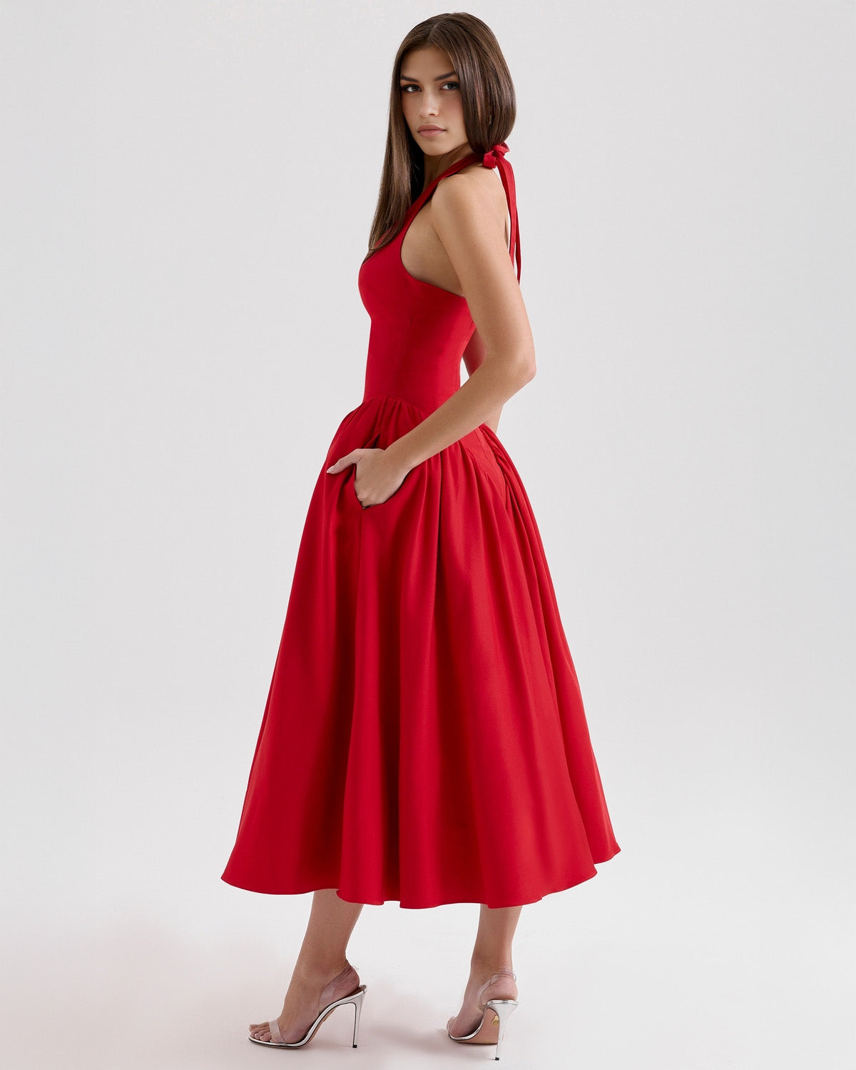Halter Neck Plunging V Neck Dropped Waist Pleated Full Skirt Midi Dress