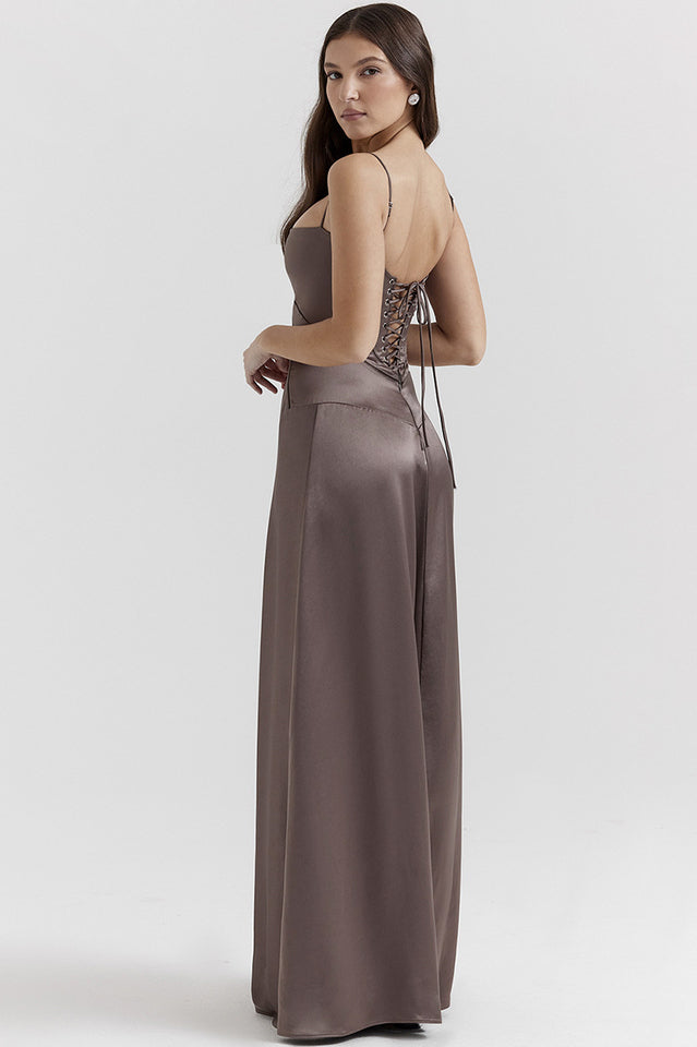 Satin Corset Bustier Spaghetti Strap Basque Waist A-Line Maxi Gown