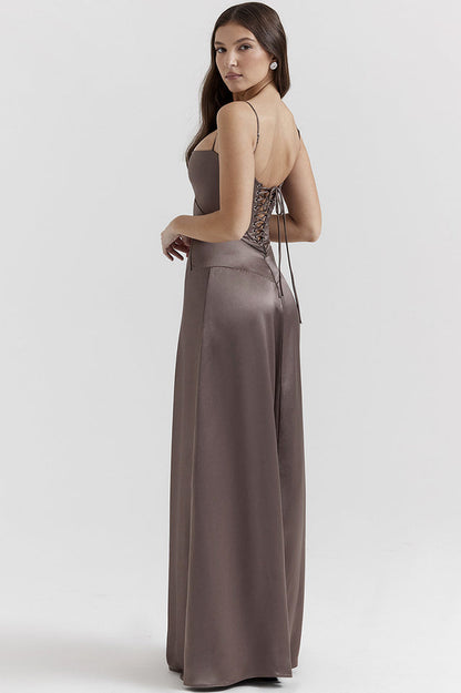 Satin Corset Bustier Spaghetti Strap Basque Waist A-Line Maxi Gown