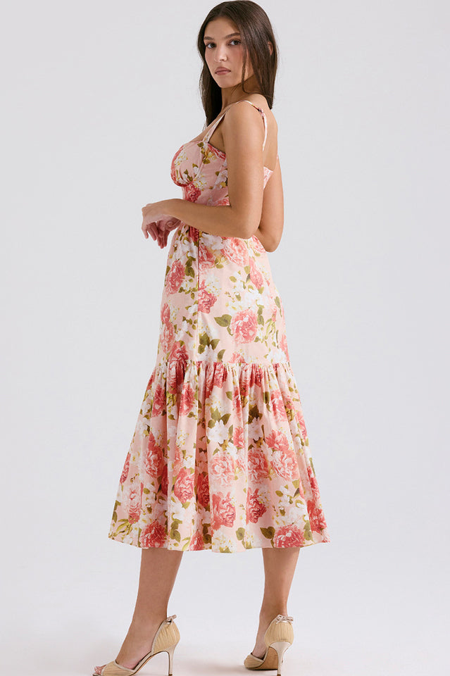 Floral Print Sweetheart Bustier Wide Strap Tiered Ruffle Hem Midi Dress