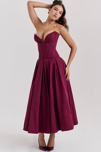 Strapless Deep Plunge Corset Boned Pleated A-Line Midi Dress