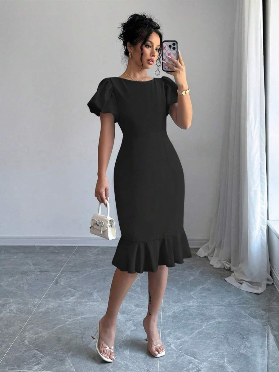 Round Neck Lantern Sleeve Ruffled Fishtail Midi Dress