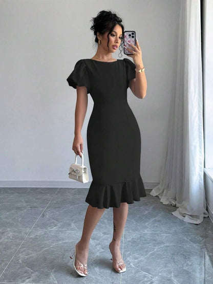 Round Neck Lantern Sleeve Ruffled Fishtail Midi Dress